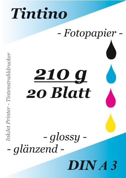 Tintino 20 sheets Photopaper DIN A3 210g/m² -coated glossy on one site-